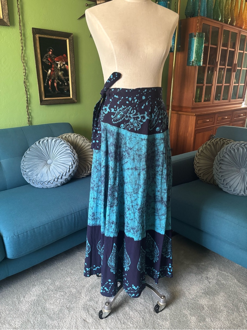 Boho Tie-Waist Maxi Skirt in Teal and Navy